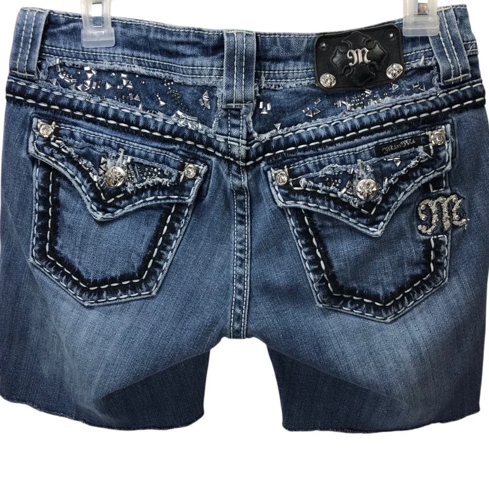Miss Me Sz 27 Y2K Bling Denim Cutoff Shorts Dark Wash Flap Pocket Low Rise Retro